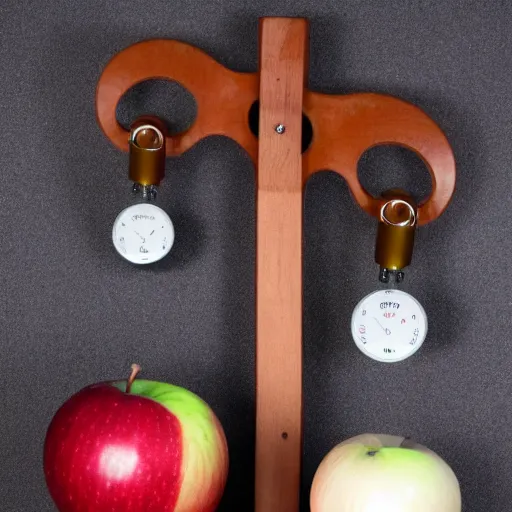 Image similar to set of balance scales with weights, weighing one apple and one onion