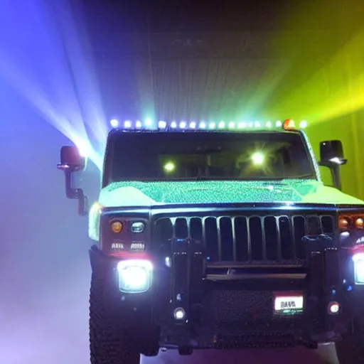 Prompt: hummer truck on a stage : : surrounded by fog and a laser show.