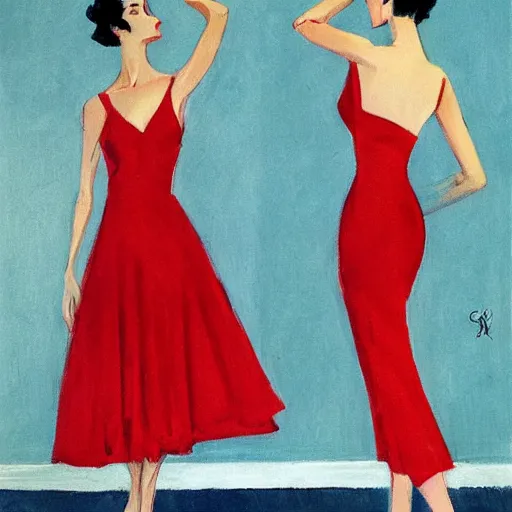 Prompt: a saturday post illustration of a french fashion model posing in a red dress by coby whitmore