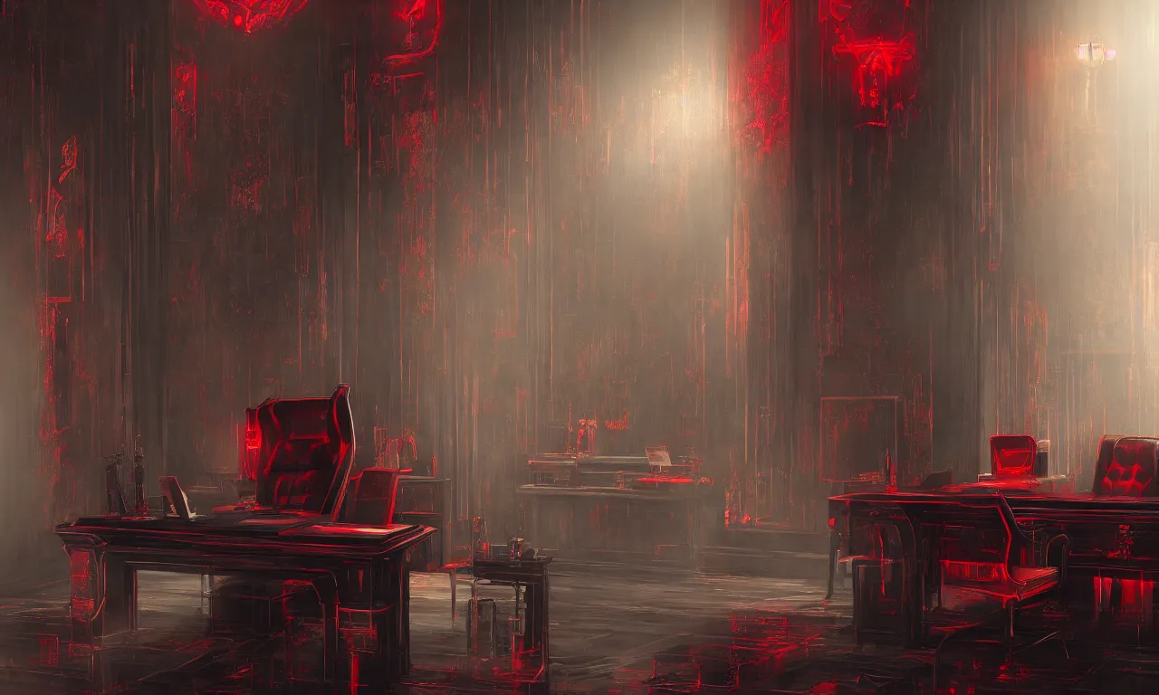 Image similar to demonic executive office with high back chair with onyx finishes, by asher brown durand, trending on artstation, 8 k resolution, red lights, cyberpunk, demonic symbols