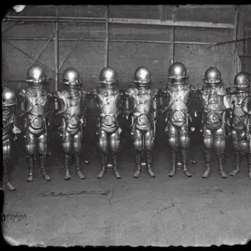 Image similar to grainy 1910s photo of a cybernetic warrior army standing unused inside a warehouse