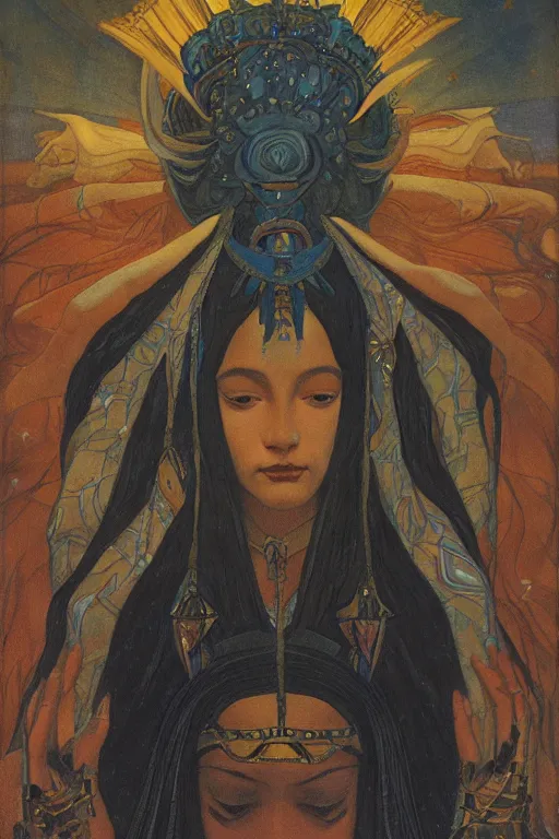 Prompt: queen of midnight with stars in her hair by Nicholas Roerich and Annie Swynnerton and Diego Rivera and jean delville, dramatic cinematic lighting , dark skin, ornate headdress , flowing robes, sacred artifacts, lost civilizations, smooth, sharp focus, extremely detailed