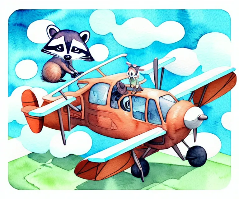 Prompt: cute and funny, racoon riding in a tiny airplane with oversized engines, centered award winning watercolor pen illustration, isometric illustration by chihiro iwasaki, edited by range murata, tiny details by artgerm and watercolor girl, symmetrically isometrically centered