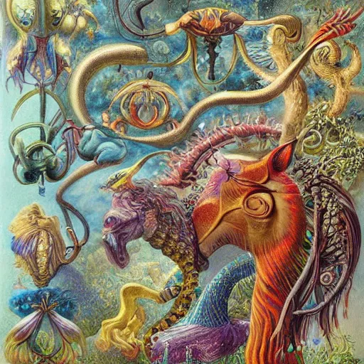 Image similar to strange mythical beasts of whimsy, surreal oil painting by Ronny Khalil , drawn by Ernst Haeckel, as an offering to Zeus