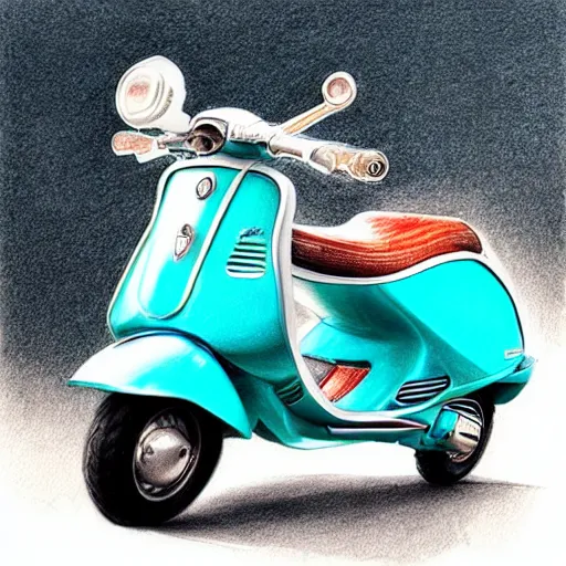 Prompt: hyper realistic pencil drawing of a turquoise vespa moped, water color, detailed, rim light, diffused, intricate, by anna dittmann,