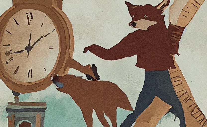 Prompt: a boy fighting a wolf on the edge of a clocktower, storybook, muted colors, gouache, flat, sharp edges, print