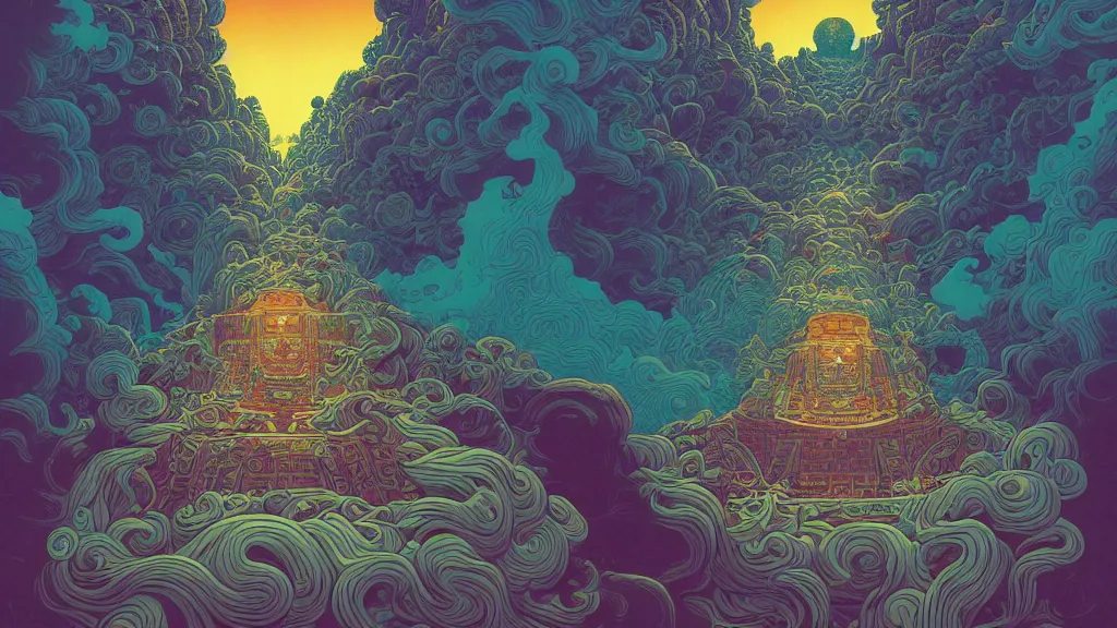 Image similar to highly detailed illustration of a mayan god standing above the clouds by kilian eng, by moebius!, by oliver vernon, by kyle hotz, by dan mumford