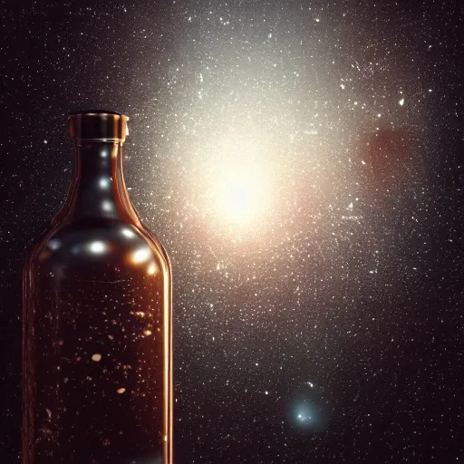 Image similar to a octane render of a a distant universe contained inside a bottle, close - up studio photo, studio lighting, path traced, highly detailed, high quality, hyperrealistic, concept art, digital art, trending on artstation, cinematic, high coherence, epic scene, 8 k hdr, high contrast,