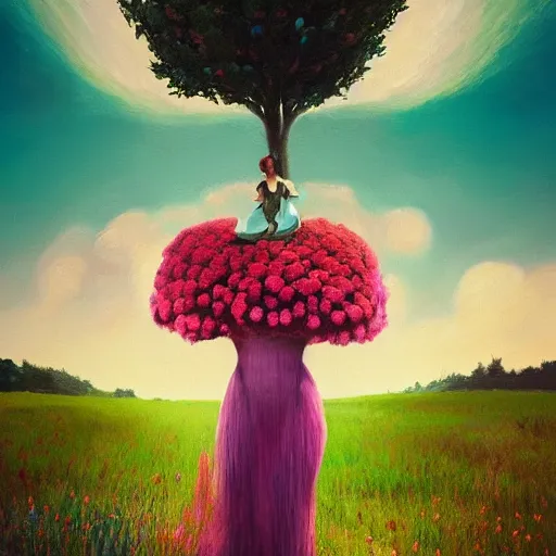 Image similar to full body girl with giant flower for a face, surreal photography, dream, dress made from the flower field she walks through, hills, big trees, sunrise dramatic light, impressionist painting, colorful clouds, digital painting, pointillism, artstation, simon stalenhag