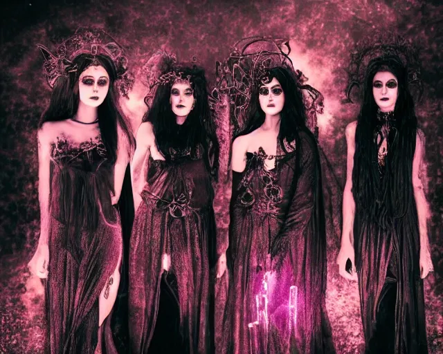 Prompt: three stunning otherworldly gothic goddesses of beauty wearing psychedelic wicca, full body, dark and mysterious, atmospheric, ominous, eerie, cinematic light, epic, 8 k, 4 k, ultra detail, ultra realistic, rendered by awesomeness