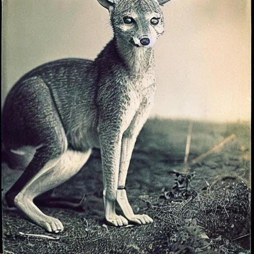 Prompt: A photograph of a Thylacine in the wild, color