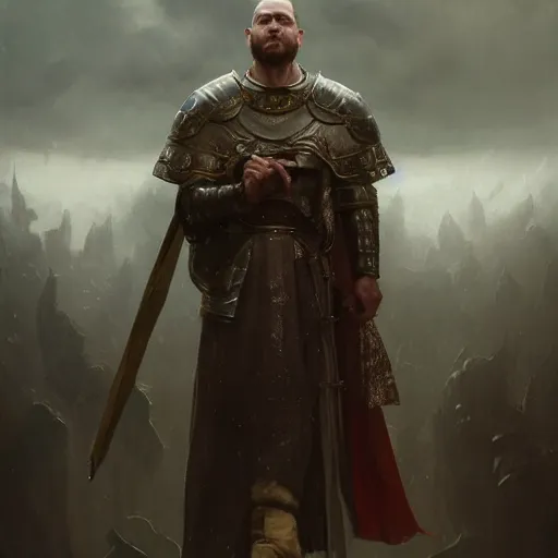 Prompt: a dramatic epic ethereal portrait of a medieval king, full body with dynamic pose, male, detailed face, cinematic lighting, highly detailed oil on canvas painting by Greg Rutkowski, winning-award digital art trending on Artstation H 1024 W 832