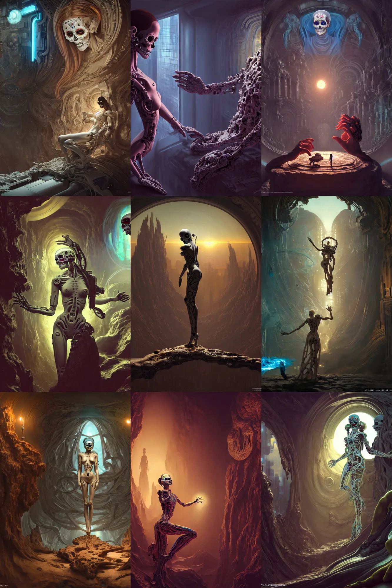 Prompt: creation of adam, female android, intricate detailed environment, professional digital painting, ( ( dia de los muertos ) ), concept art, extreme illustration, unreal engine 5, photorealism, hd, 8 k, 3 d, beautiful, cinematic, ( cyberpunk ). art by michelangelo, artgerm, greg rutkowski, alphonse mucha, loish, wlop