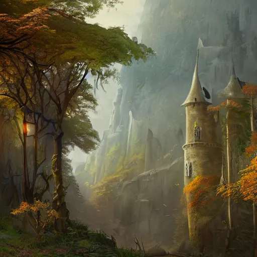 Image similar to a painting of a castle in the middle of a forest, a detailed matte painting by ding guanpeng, cgsociety contest winner, fantasy art, matte painting, 2 d game art, concept art