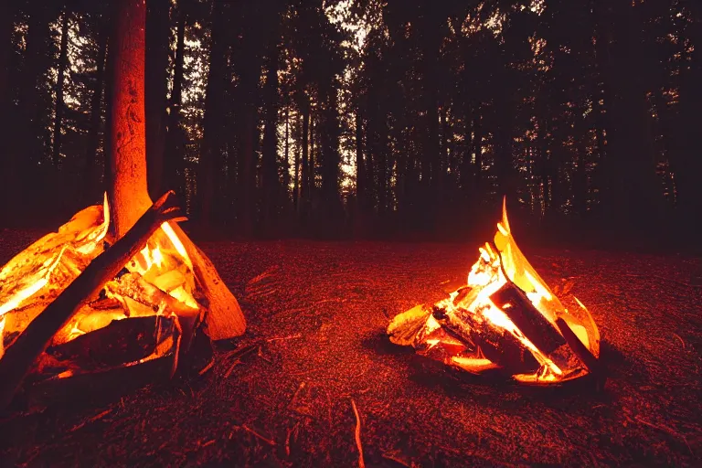 Image similar to campfire, night in a dark forest, cinematic lighting, low angle photography, wide shot, hyperrealistic, 8k