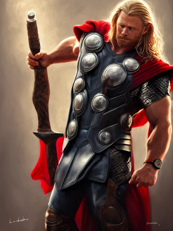 Image similar to thor with his hammer, screwdriver and ratchet set, digital painting, extremely detailed, 4 k, intricate, brush strokes, mark arian, artgerm, bastien lecouffe - deharme