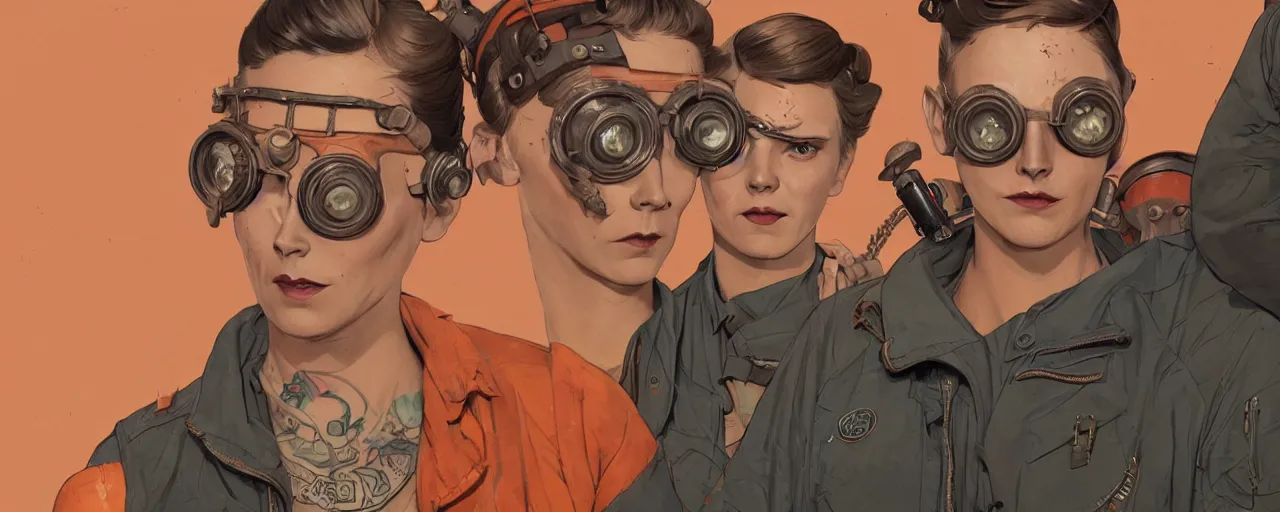 Image similar to vintage illustration 3 / 4 portrait of stoic tattooed heroic emotionless butch blonde woman engineer with short slicked - back hair, wearing victorian goggles, dirty orange bandana around neck, awkward and uncomfortable and anxious, dynamic composition by sachin teng and sergey kolesov and ron cobb. industrial space program, scifi, hyper detailed. octane render. concept art. trending on artstation