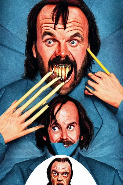 Image similar to a movie poster for the film the shining featuring a large portrait of jack nicholson's face and a fireaxe in the style of wes anderson's the grand budapest hotel.