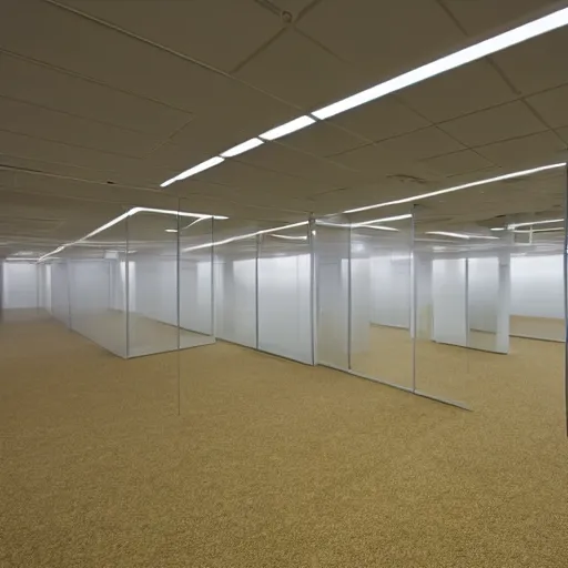 Image similar to sammy sosa lost in huge empty office spaces, walls are light yellow, carpeted floor, liminal, poorly lit,