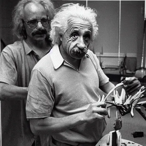 Prompt: Albert Einstein working on the body of a Predator, realistic detailed picture from 1980's