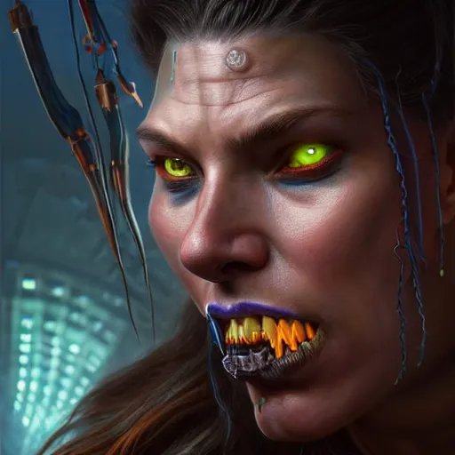 Image similar to portrait painting of a cyberpunk orc shaman extremely muscular ugly scarlett johansson with bad teeth, ultra realistic, concept art, intricate details, eerie, highly detailed, photorealistic, octane render, 8 k, unreal engine. art by artgerm and greg rutkowski and charlie bowater and magali villeneuve and alphonse mucha