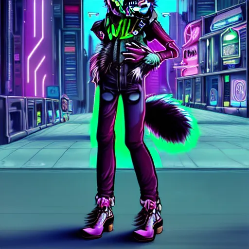 Image similar to beautiful furry digital art portrait commission of an androgynous furry anthro wolf fursona wearing punk clothes in the streets of a cyberpunk city. neon signs, detailed background, futuristic adverts, holographics. character design by zaush, rick griffin, tessgarman, angiewolf, rube, miles df, fa, furraffinity