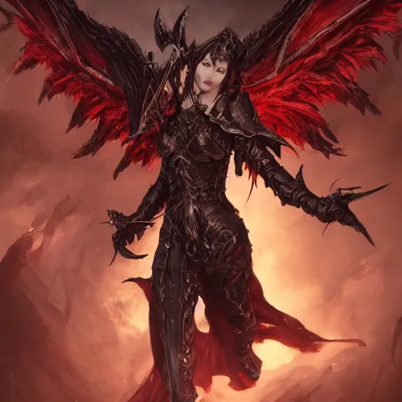Prompt: A female angel with a dark armour and one pair of vig devil wings , D&D , fantasy , highly detailed, digital art, artstation, smooth, sharp focus, fantasy illustration, art by Peter Tang and artgem and Alina Ivanchenko and Hirokazu Yokohara and Kago Shintaro