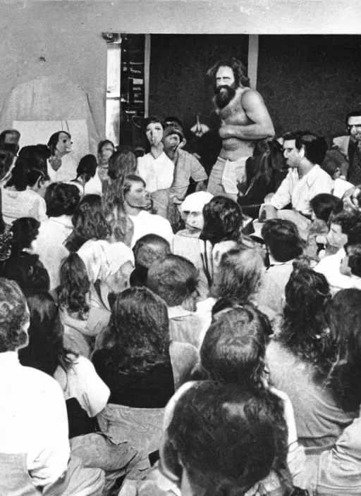 Image similar to old photo of a caveman giving a lecture to a group of harvard students