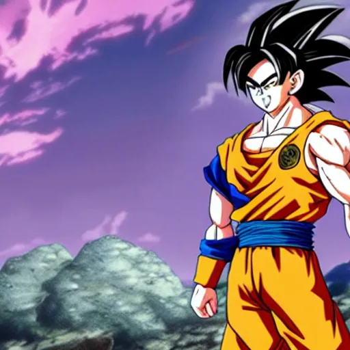 Image similar to an anime image in the style of dragonball. it is of a man and a dragon, the figure looming above a rocky, barren landscape. the warrior is in tattered robes, his hair and beard done up in a style that looks somewhat elvis - like.