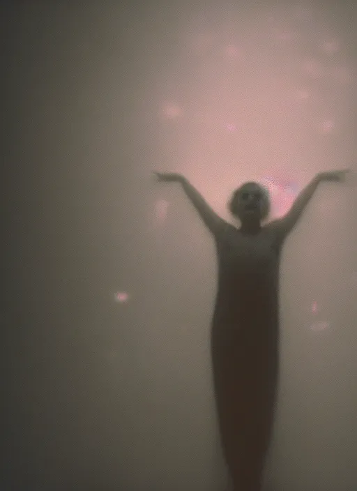 Prompt: a symmetrical female astral projection, liquid glowing aura, out of body experience, heavenly, film grain, cinematic lighting, experimental film, shot on 1 6 mm