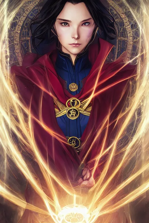 Image similar to anime key visual of a beautiful young female doctor strange, marvel comics, spells, magic, intricate, magical village, stunning, highly detailed, digital painting, artstation, smooth, hard focus, illustration, art by artgerm and greg rutkowski and alphonse mucha