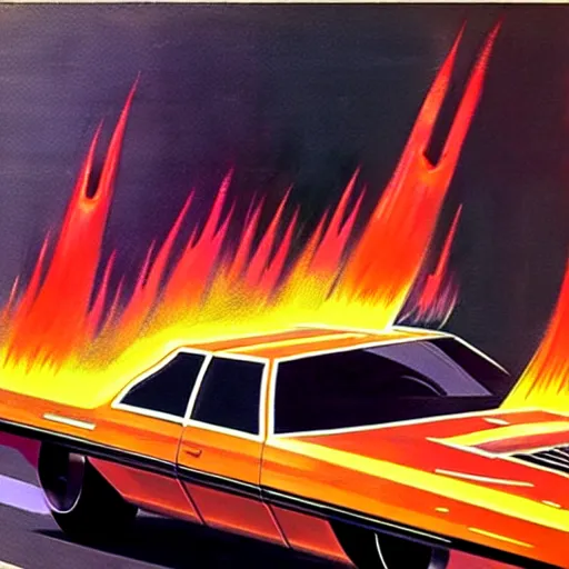 Prompt: concept art for a car with flame throwers, painted by syd mead, high quality