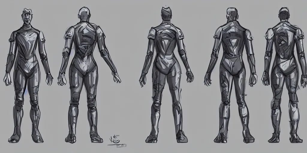 Prompt: male, space suit, character sheet, concept art, stylized, large shoulders, long thin legs, exaggerated proportions, concept design