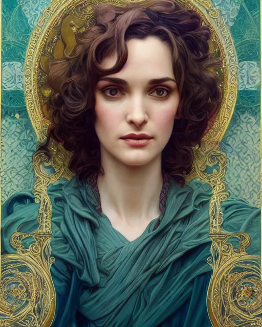 Prompt: winona ryder | highly detailed | very intricate | art nouveau | gold filigree | storybook illustration | soft cinematic lighting | award - winning | painted by mandy jurgens and alphonse mucha and alena aenami | pastel color palette | featured on artstation