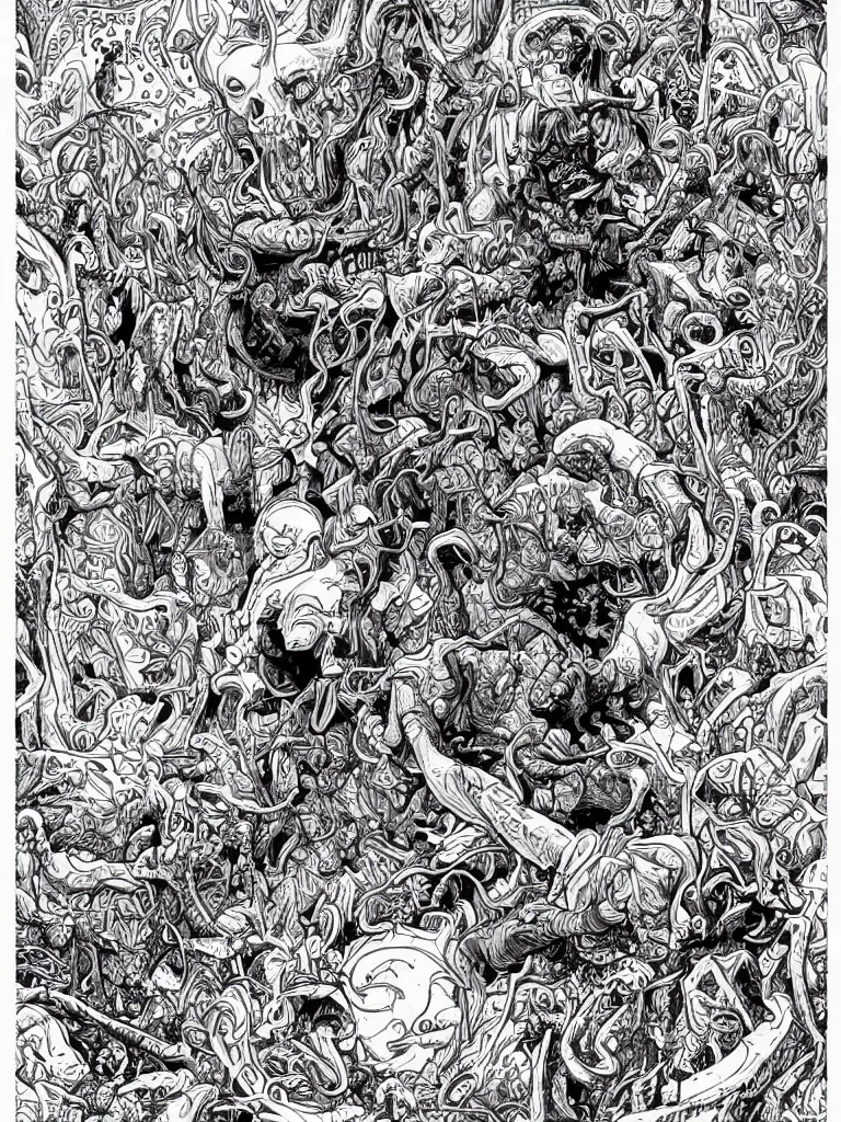 Image similar to a coloring page of a weird dream by James Jean and Dan Mumford and Strongstufftom and Adi Granov