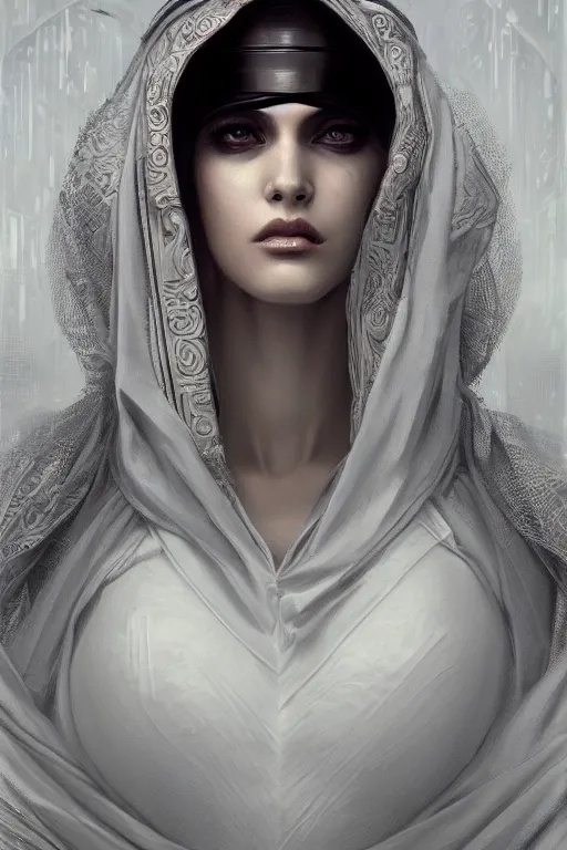 Prompt: ultra realist and ultra intricate detailed soft painting of a beautiful slim curvy female cybernun in long religious dress, thin lustrous auburn hair, symmetry features, sensual gloomy style, soft painting, volumetric clouds, cyberpunk background, artstation, Tom Bagshaw artstyle, unreal render, depth of field