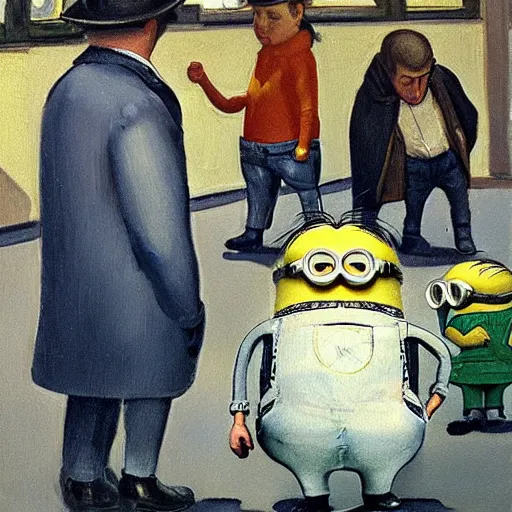 Image similar to the day to day life of the minions, realism movement painting by Christian Krohg