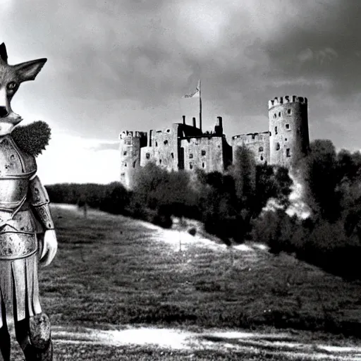 Image similar to anthropomorphic fox!! who is a medieval knight holding a swo - rd towards a stor - my thundercloud [ 1 9 3 0 s film still ], ( castle in the background )