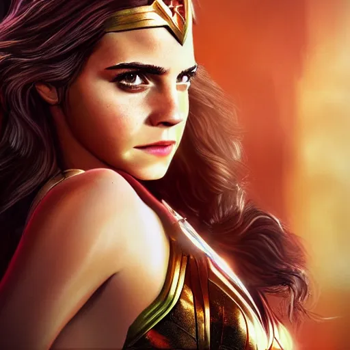 Image similar to full body portrait concept art of emma watson as wonder women, art station, trending, illustration, digital art, hero art, deviant art, hd, 8 k, unreal engine 5 render