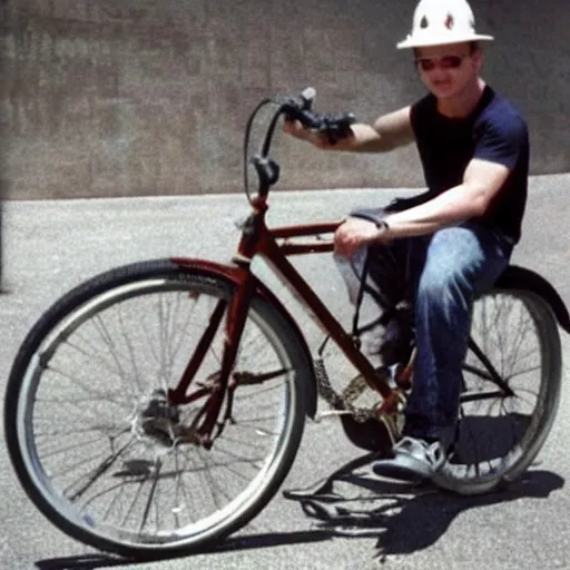 Image similar to elon musk riding an old rusty bike 1993