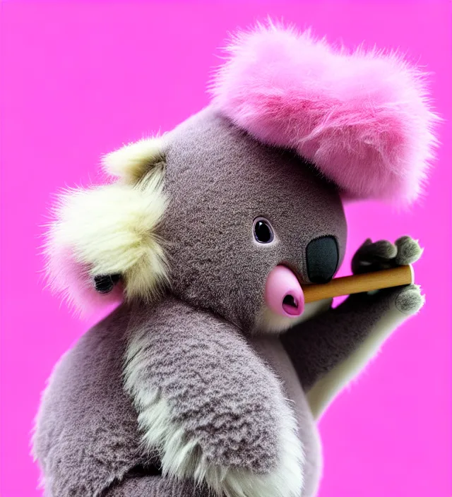 Image similar to high quality 3 d render hyperrealistic very cute small pink koala smoking weed joint, rising smoke, plush mascot, short spiky dense fluffy smooth hair, photo from the side, pink fluffy fur, 1 5 0 mm, beautiful natural soft light, rim light, vray, smooth background, artstation, ultra detailed