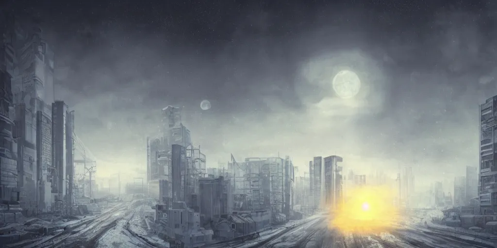 Prompt: nuclear winter, tokyo city, near future, fantasy, sci - fi, hyper realistic, serene, morning.