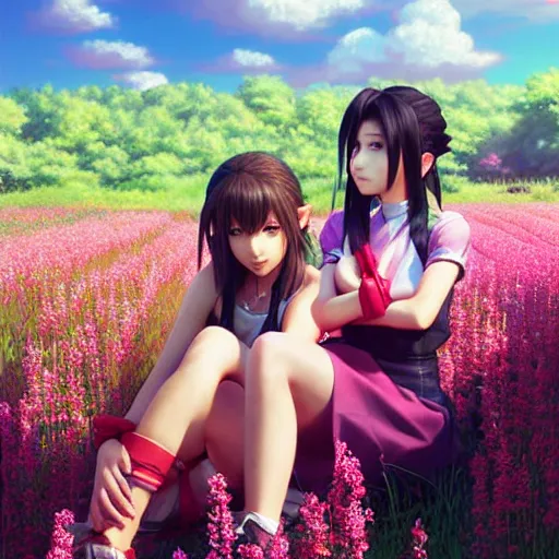 Image similar to aerith and yuffie from final fantasy 7 remake sitting in a flower field by ilya kuvshinov, rtx reflections, maya, extreme high intricate hyperrealistic details by wlop, digital art by ross tran, medium shot, composition by sana takeda, dramatic lighting by greg rutkowski