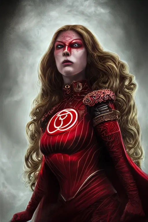 Image similar to Majestic and regal portrait of a female red Lantern, DC universe, Perfect face, beautiful, intricate, epic, elegant, menacing, fantasy, highly detailed, digital painting, hard focus, beautiful volumetric lighting, epic light, ultra detailed, Horror, souls, ghosts, smoke by Leesha Hannigan, Ross Tran, Thierry Doizon, Kai Carpenter, Ignacio Fernández Ríos