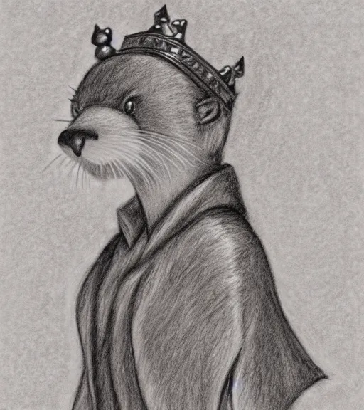 Prompt: master furry artist pastel pencil drawing full body portrait character study of the anthro male anthropomorphic otter fursona animal person wearing crown and cape royal western king regal intricate ornate