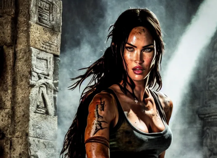 Image similar to film still of!!!! megan fox!!! as lara croft in new tomb raider movie, closeup portrait, exploring interior of torchlit aztec temple, glamour pose, dramatic lighting, octane, mist, volumetric lighting, 8 k