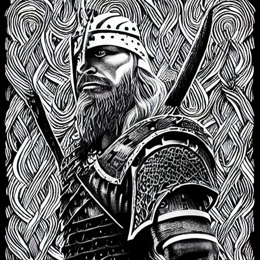 Prompt: a viking warrior illustration, 4k detailed, black ink on white paper, dark fantasy, white space in middle
