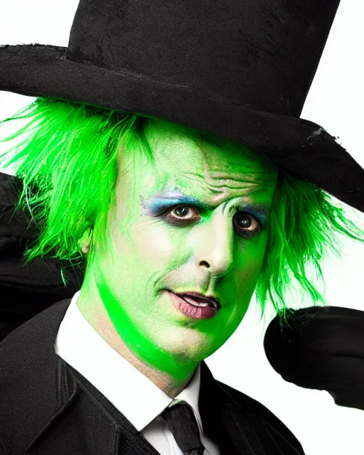 Image similar to Will Arnett as Beetlejuice, makeup, green hair, cinematic lighting, 4k photograph