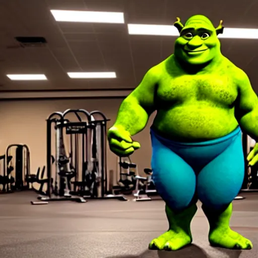 Prompt: Shrek with six-pack abs working out at the gym