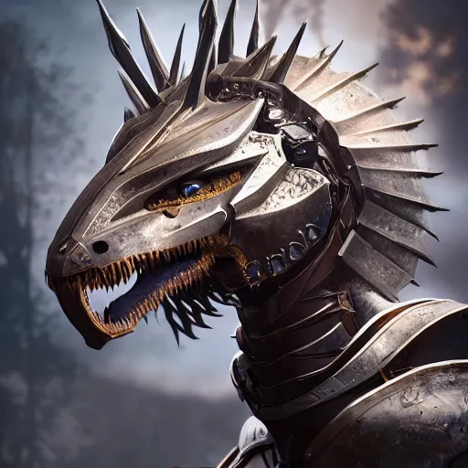 Prompt: stunning cinematic close shot of a beautiful female knight, but as an anthropomorphic female dragon, well designed highly detailed perfect female robot dragon head with slick LED eyes, well armored, sharp claws, HD octane render, fantasy, furry art, Artstation, Deviantart, Furaffinity